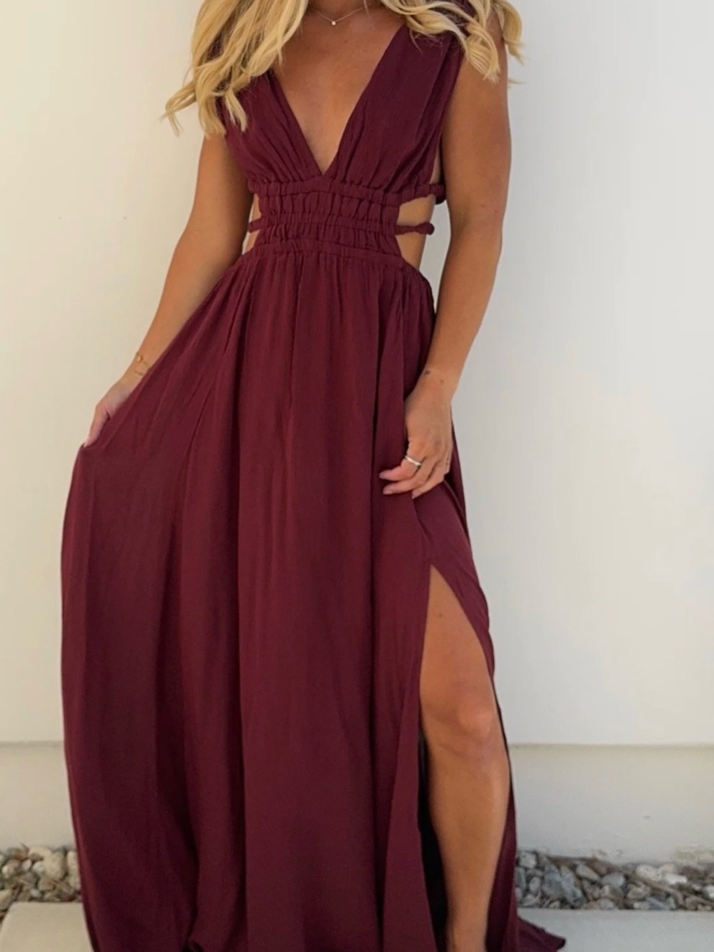 Lovely Day Deep Burgundy Maxi Dress with Plunging V-Neck